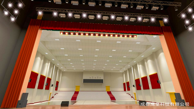 某部隊(duì)多功能廳舞臺(tái)燈光、專業(yè)音響及舞臺(tái)幕布 成都鷹皇燈光音響工程項(xiàng)目